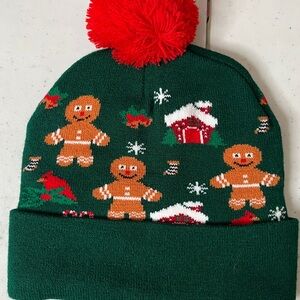 Green Kids Beanie with Red Pom Pom w/ lights